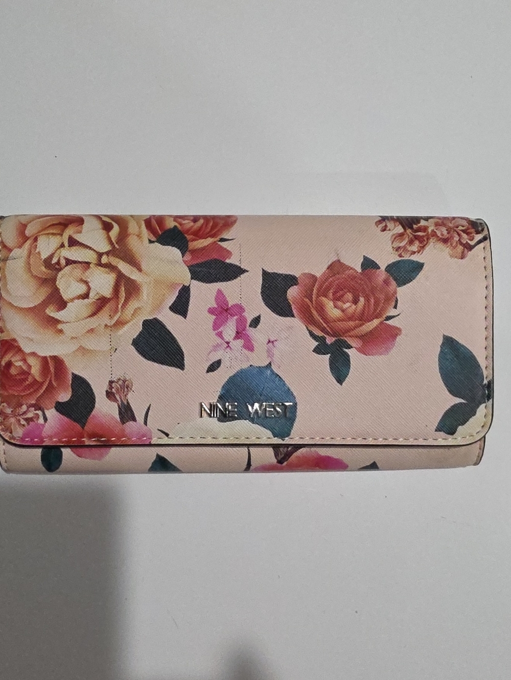 Nine West Peach Floral Continental Wallet with Rose Print - Size 7.75" by 4.50"